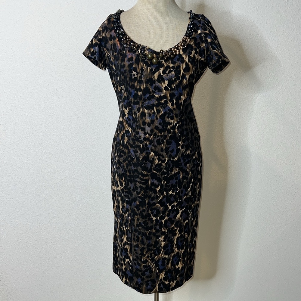 Blumarine Metallic Animal Print Beaded Top Wool Blend Sheath Dress Made in Italy